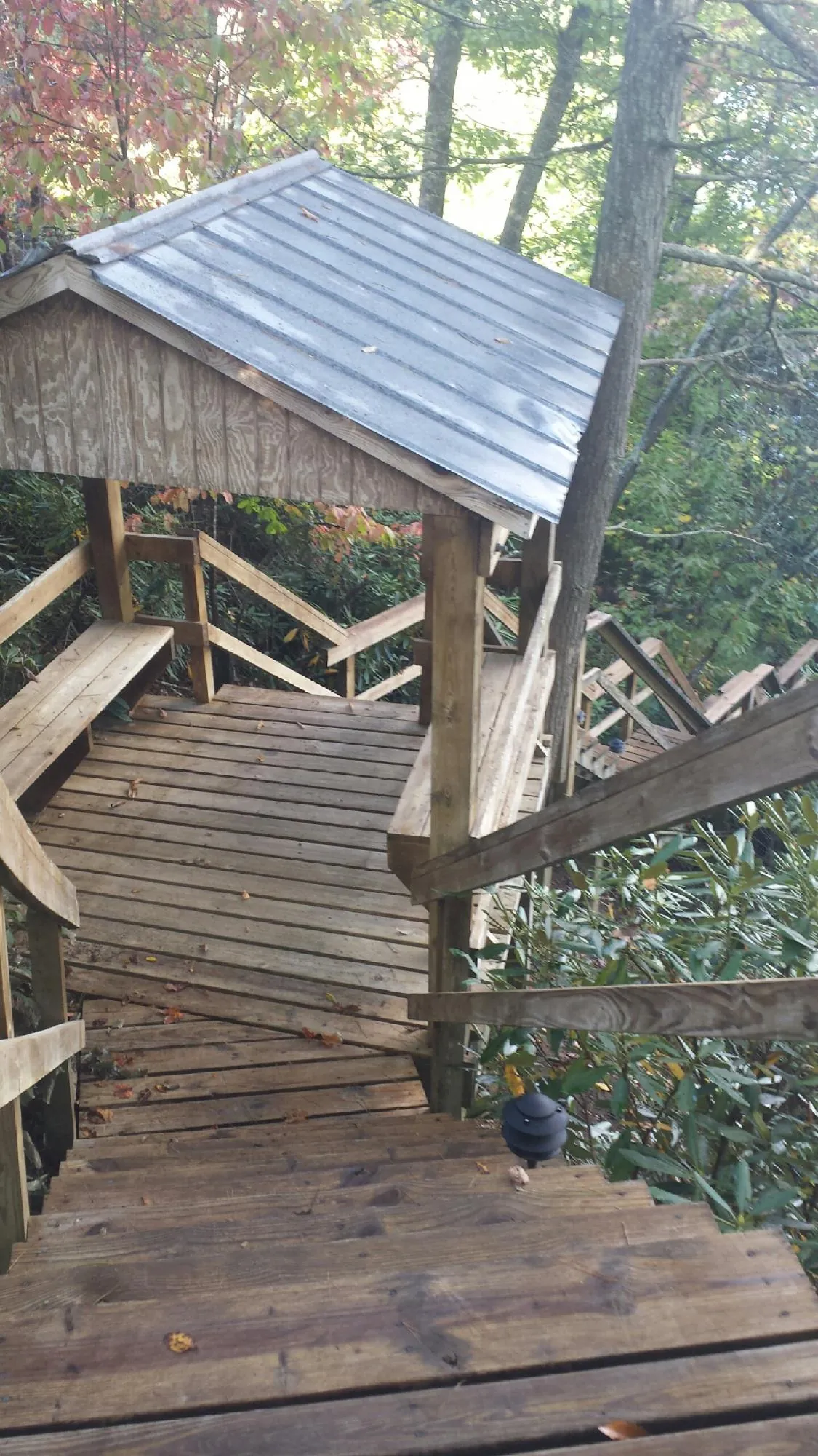 Metal roofed shelter over wooden steps on a wooded walkway — Skylight Repair & Installation work by our crew in Cofield